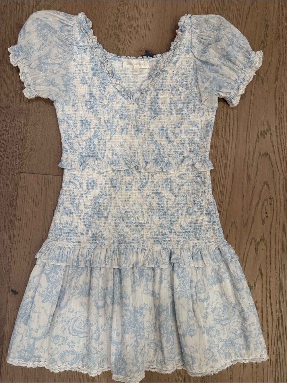 LoveShackFancy Light Blue and White Smocked Floral Dress